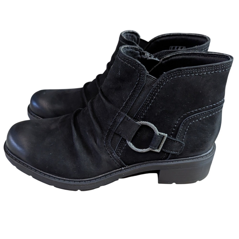 Clarks Black Leather Ruched Buckle Side Zip Ankle Boots Women US 8.5M